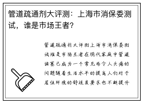 管道疏通剂大评测:上海市消保委测试,谁是市场王者?