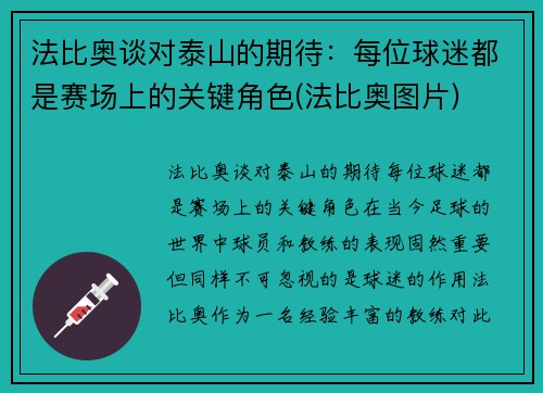 法比奥谈对泰山的期待：每位球迷都是赛场上的关键角色(法比奥图片)