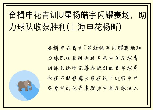 奋楫申花青训U星杨皓宇闪耀赛场，助力球队收获胜利(上海申花杨昕)