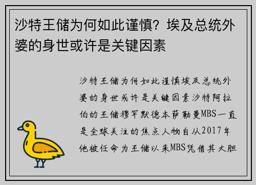 沙特王储为何如此谨慎？埃及总统外婆的身世或许是关键因素