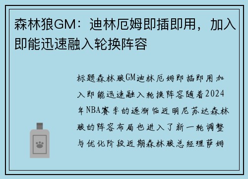 森林狼GM：迪林厄姆即插即用，加入即能迅速融入轮换阵容