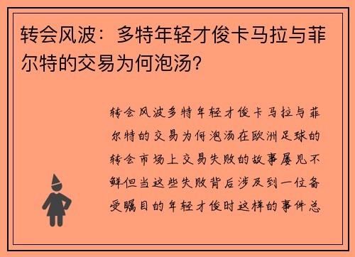 转会风波：多特年轻才俊卡马拉与菲尔特的交易为何泡汤？